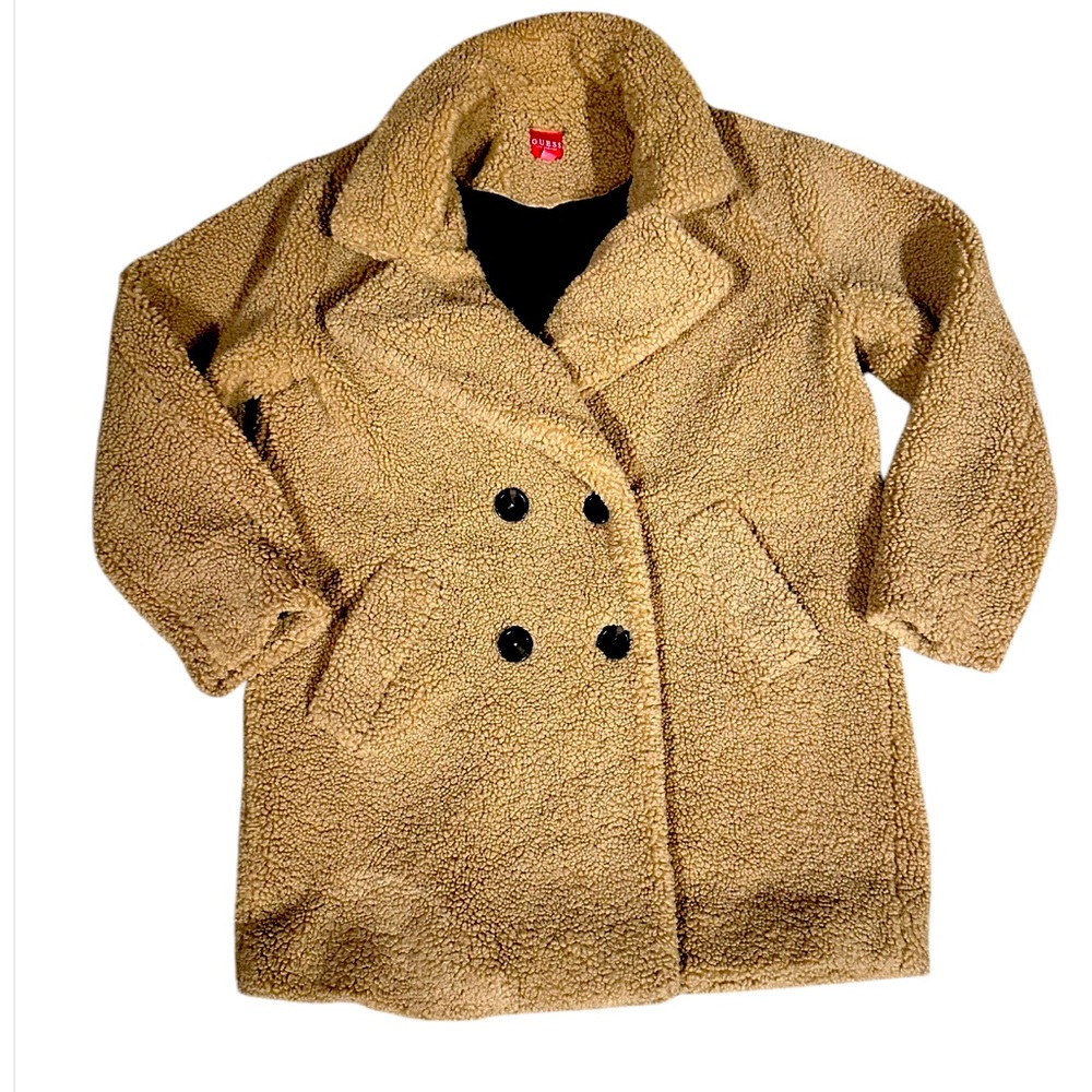 Guess Tan Teddy Sherpa Coat. Size Large. 24” Pit to Pit (48” Bust) 33” Length